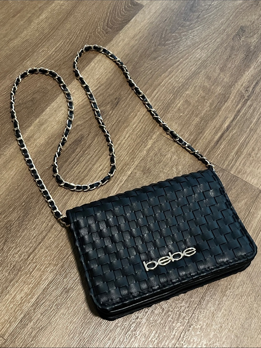 bebe Black Woven Crossbody with Gold Chain Strap